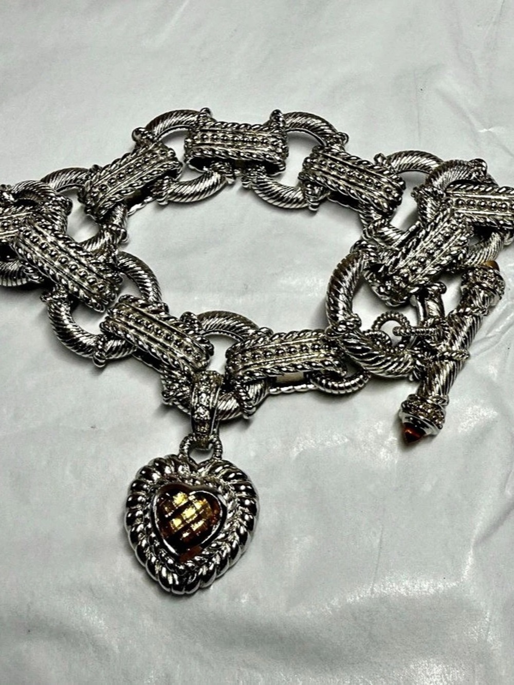 Judith Ripka Sterling Silver CZ Heart Charm Link Bracelet